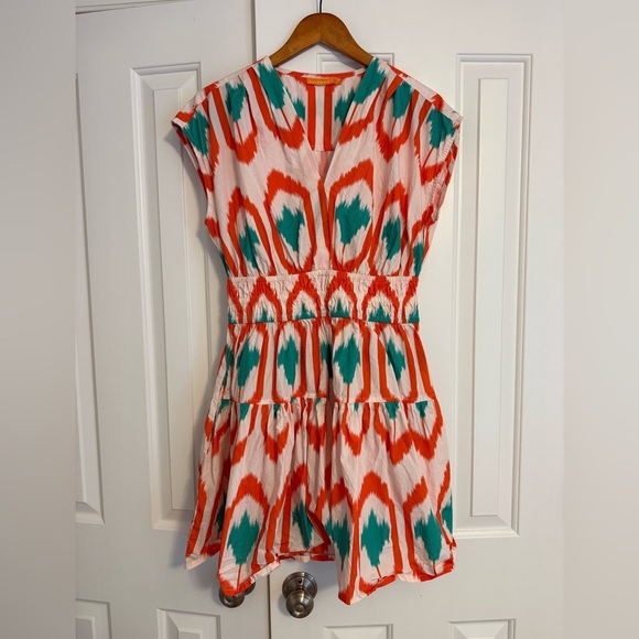 Oliphant Smocked Waist Mini Dress in Odisha Coral Print Women's Sz S Orange Teal - Picture 5 of 14